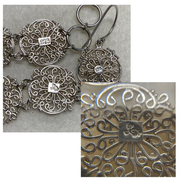 Sterling Silver 925 Round Scrollwork Filigree Link Bracelet & Dangle Earring Set - Picture 8 of 16